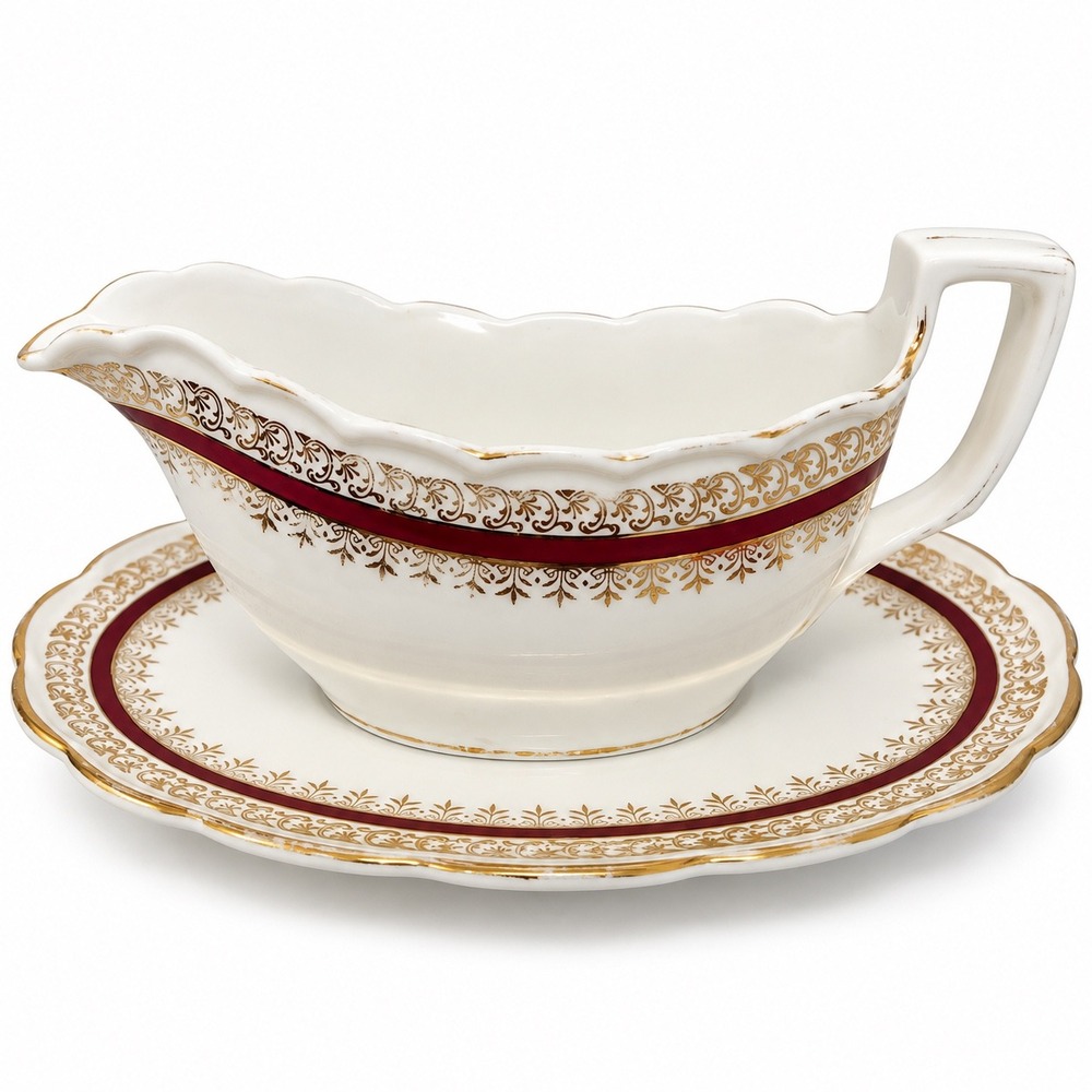 Salisbury Bone China Sarum Gravy Boat and Underplate Burgundy Gold England